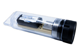 miniDOT Clear Logger showing the clear plastic housing with the LCD display on show The LCD display is showing the PME logo 