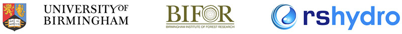 Logos for the University of Birmingham, Birmingham Institute of Forest Research and RS Hydro