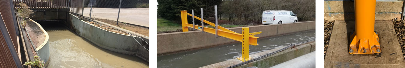Three photos showing the Parshall flume, the swing arm installation and the concrete base with supporting leg for the swing arm